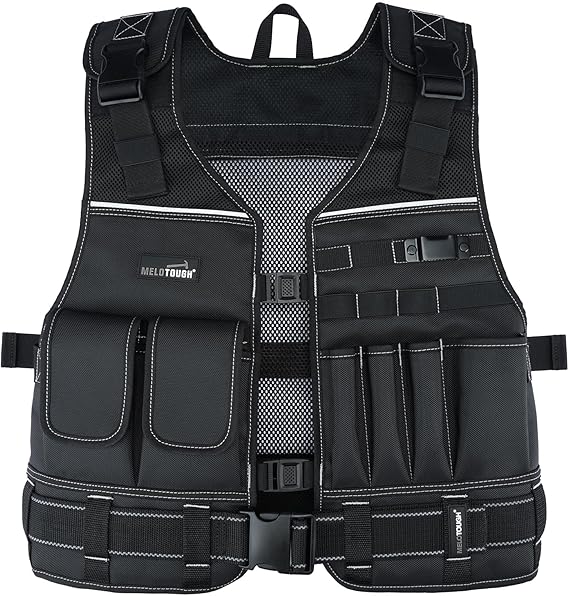 MELOTOUGH Tool Vest for Men with Pouches and Belt, Adjustable Multi-Pocket Safety Tool Vest for Electrician, Carpenter(Black)