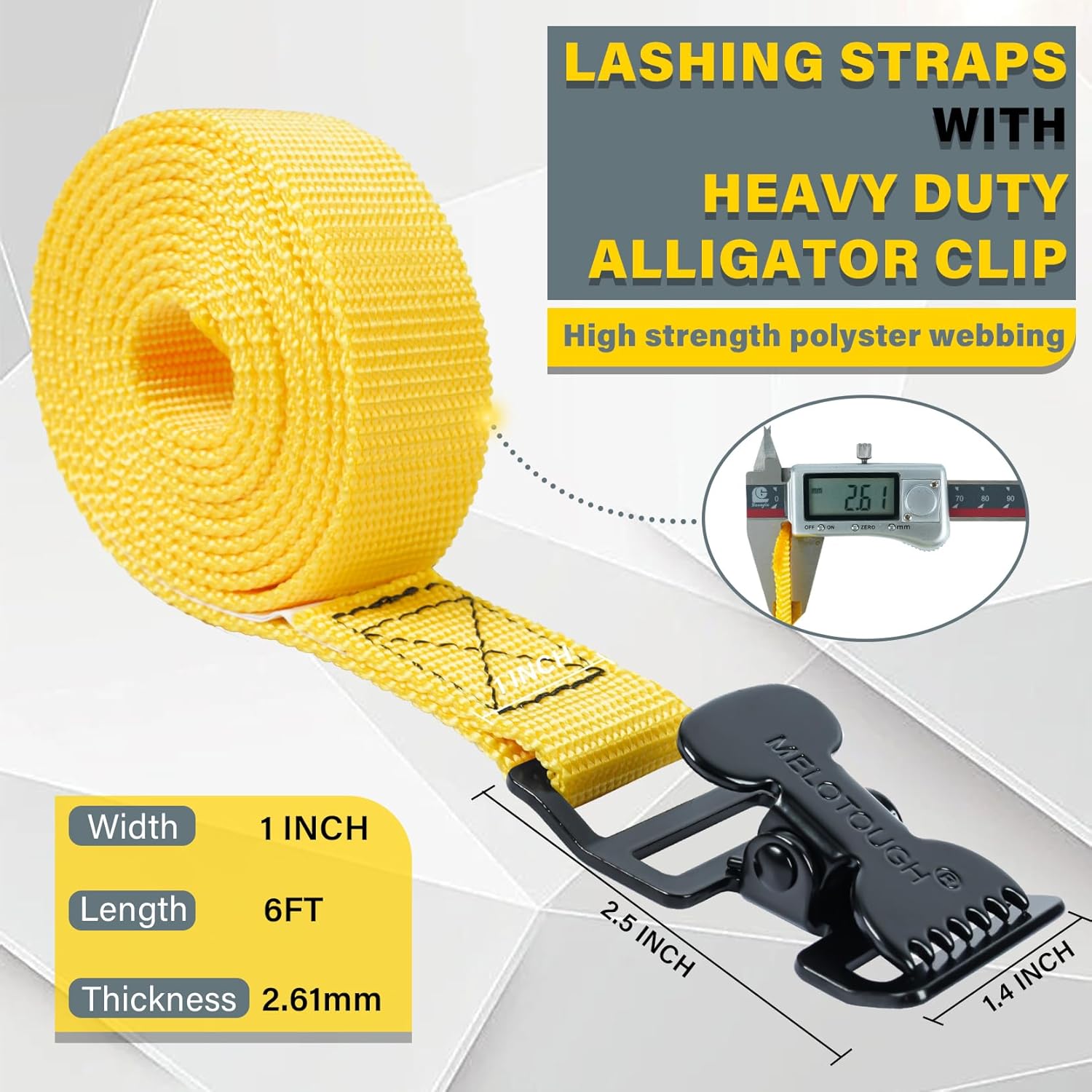 MELOTOUGH 4Pk 1" x 6ft Lashing Strap with Alligator Thumb Buckle Cargo Secure Webbing Up to 450lbs,Ladder Straps,Tie Down Straps,Utility Straps with Clips,Yellow