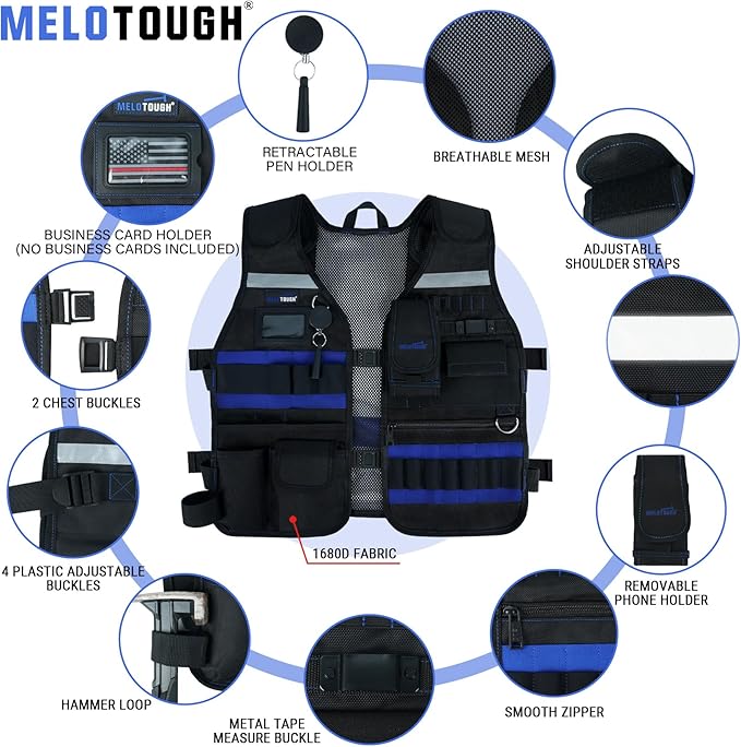 MELOTOUGH Tool Vest Safety Work Vest with Adjustable Straps,Removable Phone Holder for Electrician,Construction,Carpenters