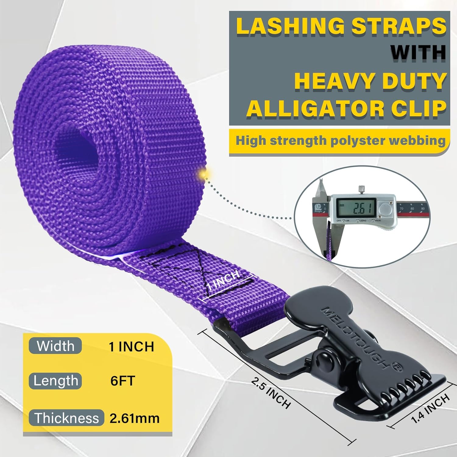 MELOTOUGH 4pk 1" x 6ft Purple Lashing Straps with Alligator Clips, Cargo Secure Webbing, Up to 450lbs, Truck Compatible