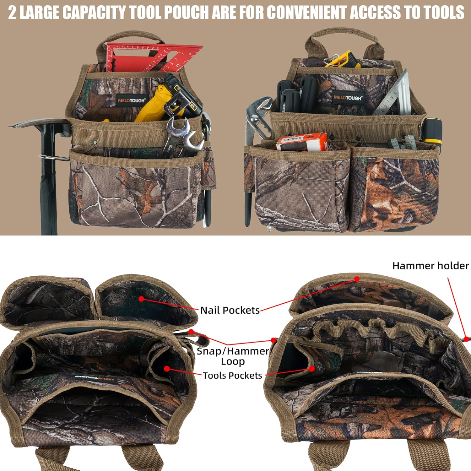 【TC02-Camo】MELOTOUGH Camo Tool Belt with Suspenders Camouflage Tool Bag Supenders Framers Comb Apron Tool Belt Construction Tool Pouch Suspenders Heavy Duty Carpenter Suspension Rig for Electrician