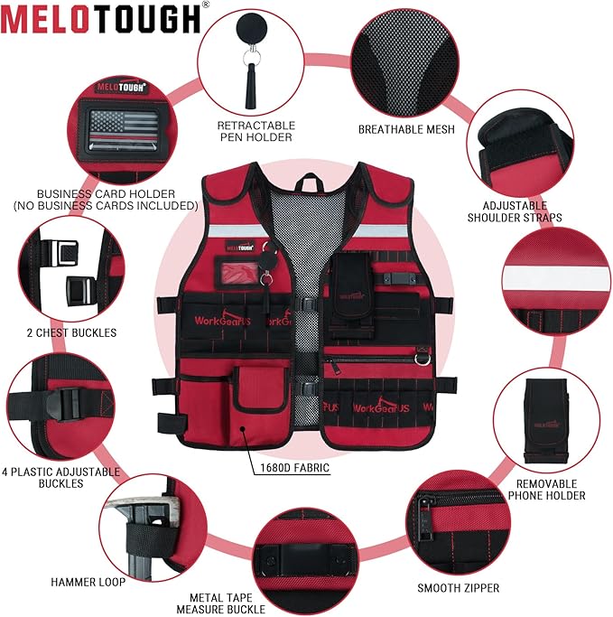 MELOTOUGH Tool Vest Safety Work Vest with Adjustable Straps,Removable Phone Holder for Electrician,Construction,Carpenters
