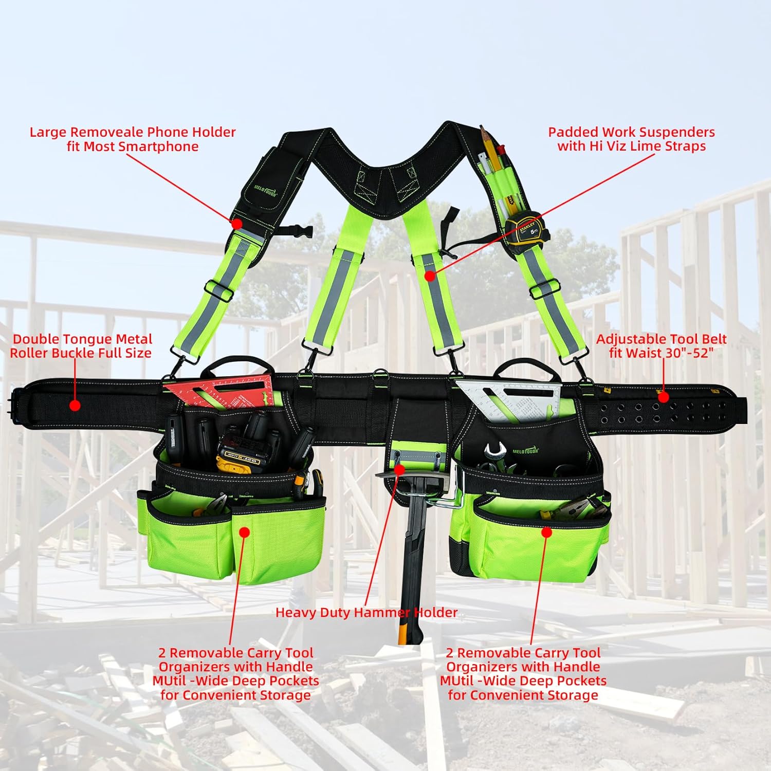 MELOTOUGH Reflective Safety Tool Belt with Suspenders Hi Vis Tool Bag Suspenders Tool Belt Construction Heavy Duty Work Suspension Rig (Hi Viz Lime)