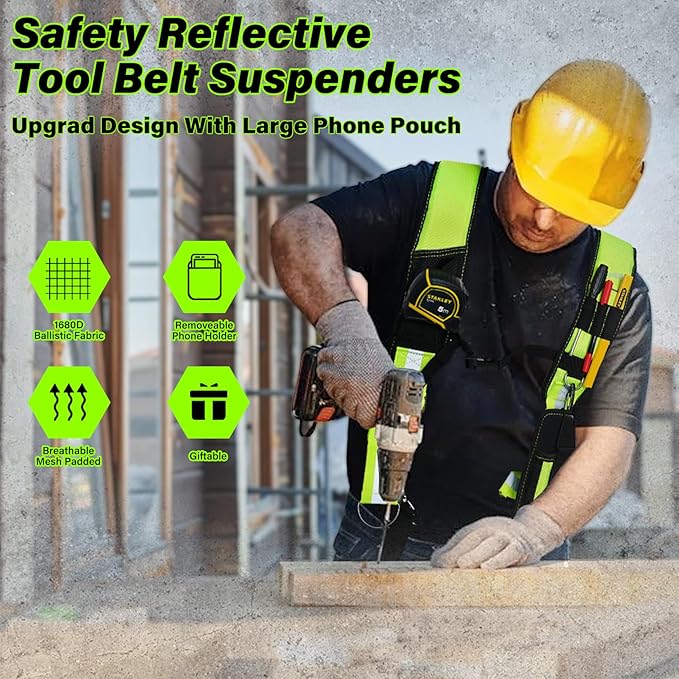 【SW201A-HI VIS】MELOTOUGH Tool Belt Suspenders Construction Bag Suspenders Padded Work Belt Hi Vis Suspenders for Carpenter/Electrician