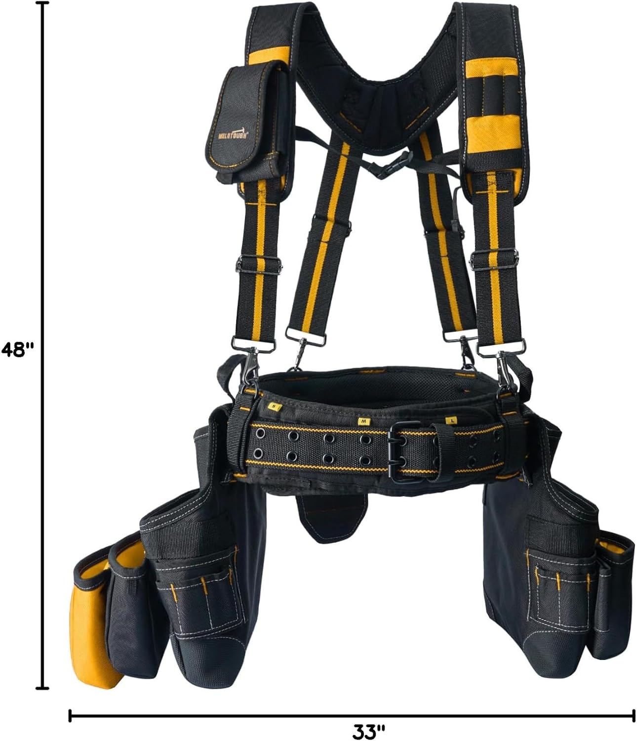 MELOTOUGH 28-Pocket Pro Framer's rig Combo Apron Tool Belt and Heavy Duty Padded Suspenders with Magnetic Desinger for Technician/Carpenter/and Electrician's Tools（Yellow)
