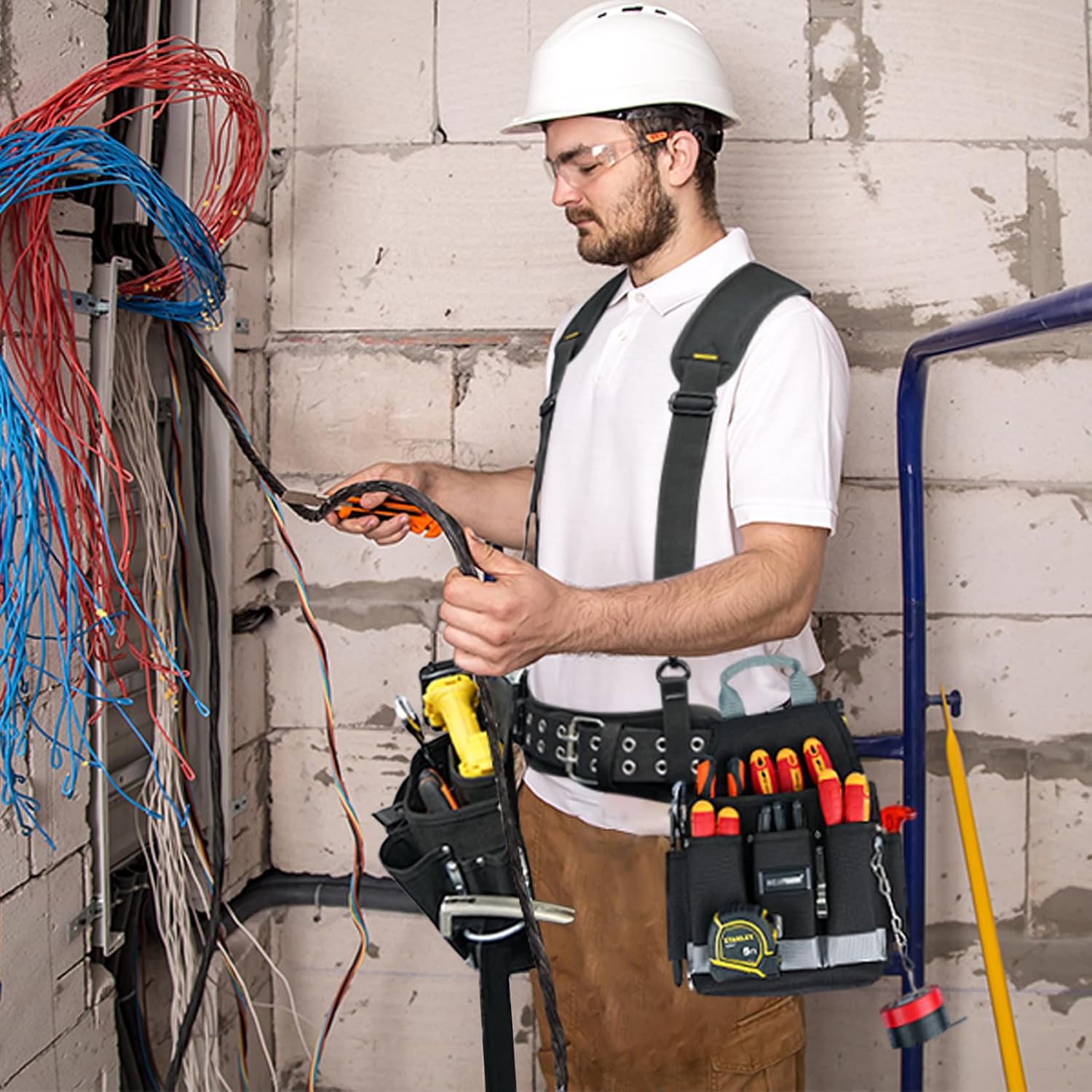 【TC04】MELOTOUGH Electrician Tool Belt with Suspenders Tool Bag Suspenders Tool Belt Combo Construction Tool Pouch Heavy Duty Suspension Rig for Electrician, Roofing,Contractor,Carpenter