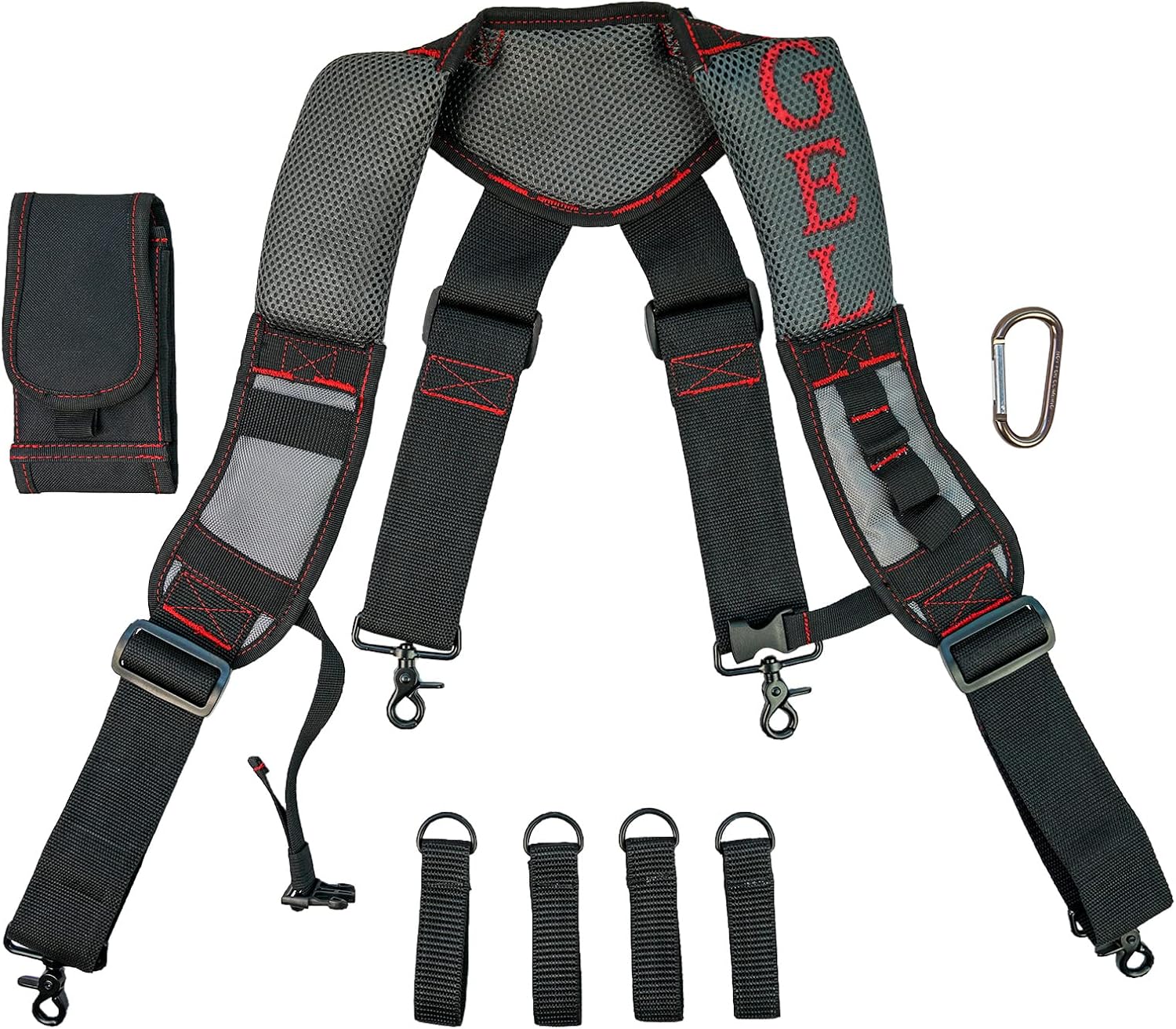 MELOTOUGH Gel Padded Tool Belt Suspenders Work Belt Suspender Tool Belt Suspenders with Gel shoulder for Electrician,Contruction,Carpenter (Trigger Snap Hook with Red Color)