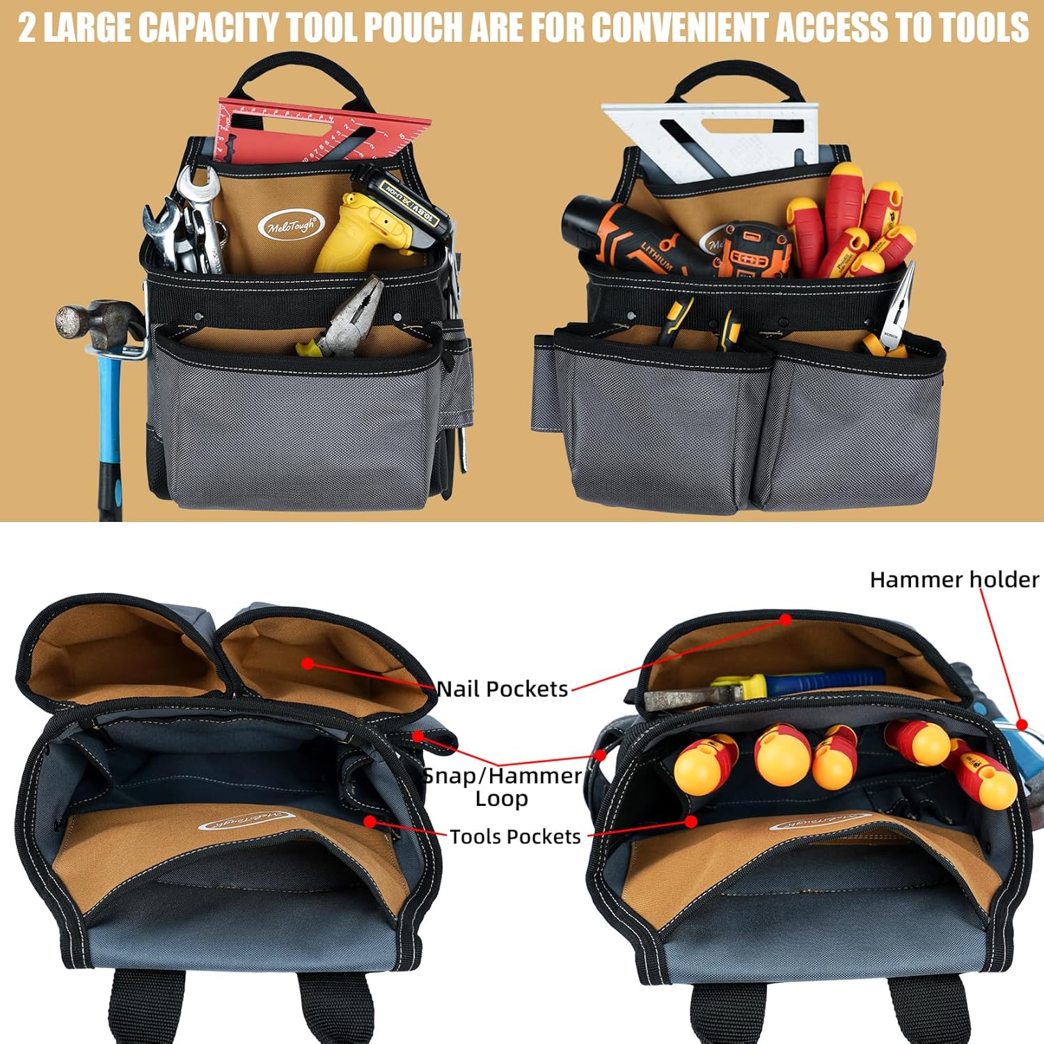 MELOTOUGH Tool Belt with Suspenders Tool Bag Suspenders Framers Comb Apron Tool Belt Construction Tool Pouch Builder Heavy Duty Carpenter Suspension Rig for Electrician, Roofing,Contractor(Khaki)