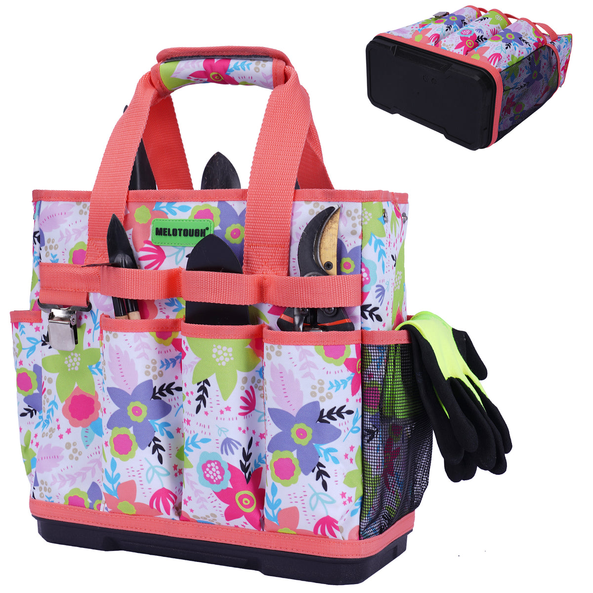 MELOTOUGH 12-Pocket Garden Tool Bag with Hard Bottom, Garden Tote