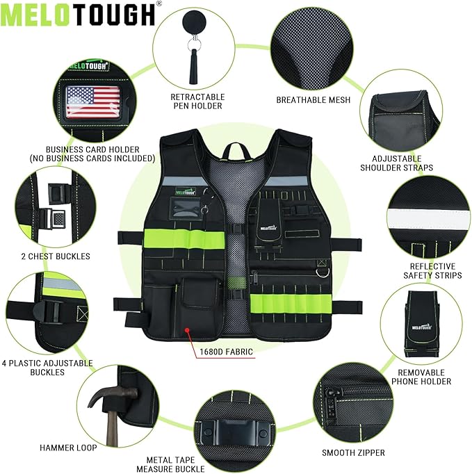 MELOTOUGH Tool Vest Safety Work Vest with Adjustable Straps,Removable Phone Holder for Electrician,Construction,Carpenters