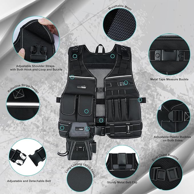 【TV02-Black-P】MELOTOUGH Tool Vest for Men with Pouches and Belt, Adjustable Multi-Pocket Safety Tool Vest for Electrician, Carpenter(Black)