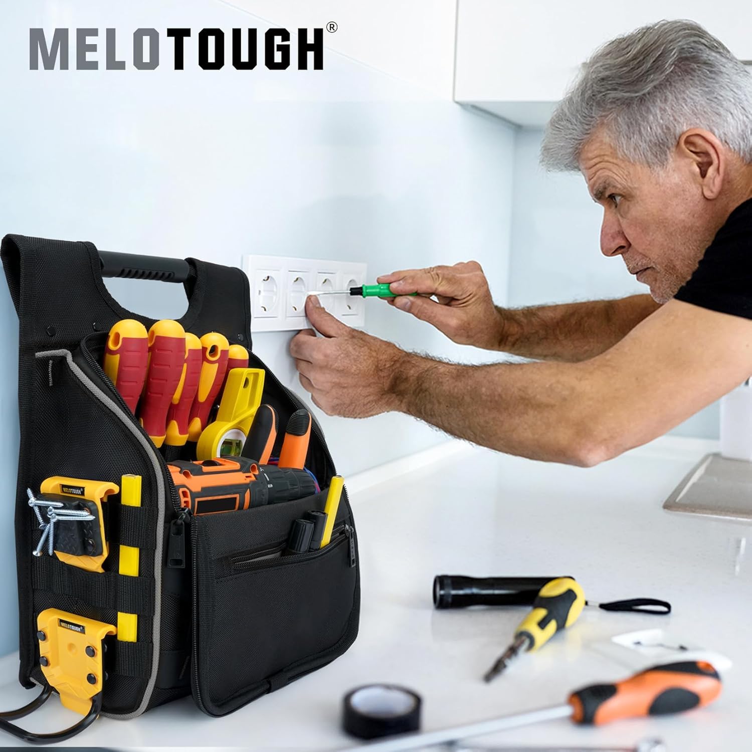 MELOTOUGH Electrician Tool Pouch with Shoulder Strap, Zippered Flip Cover Tool Pouch Bag with Multiple Storage Pockets for Electricians, Technicians, Maintenance