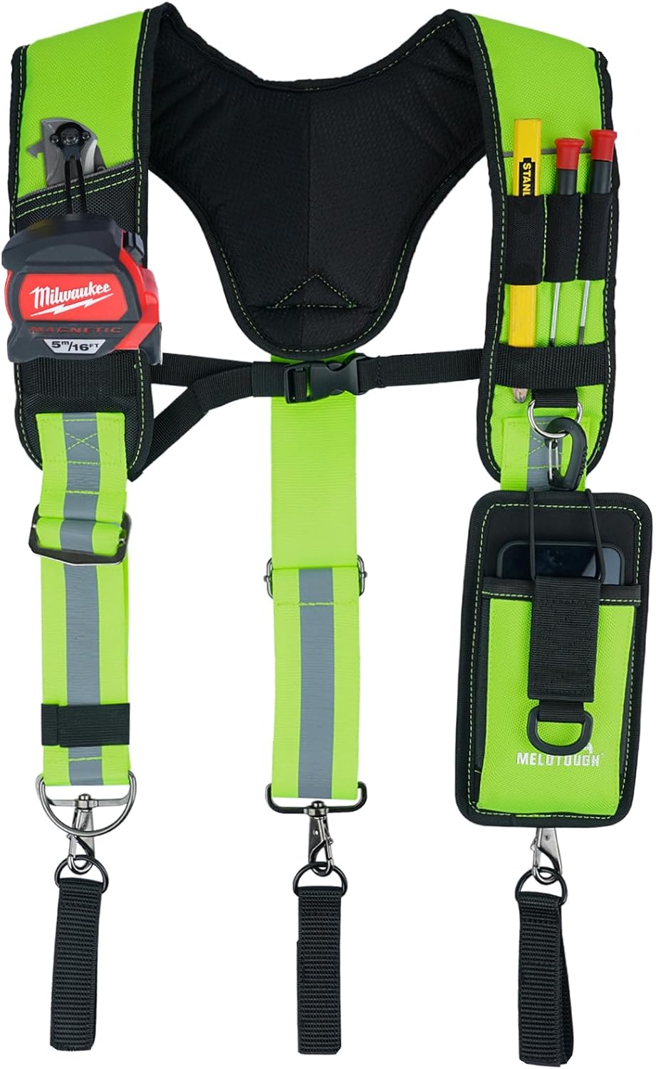 MELOTOUGH Reflective Safety Tool Belt Suspenders Construction Bag Suspenders Padded Work belt Suspenders for Carpenter/Electrician/Roofing/Farmer work Suspension Rig(Reflective Green)