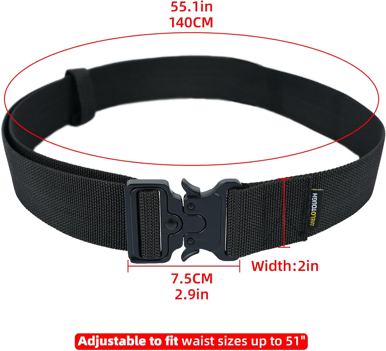 MELOTOUGH 2" Nylon Web Work Tool Belt for Men with Heavy Duty Quick Release Rugged Metal Buckle outdoor men's belt Tool Belts (Black)