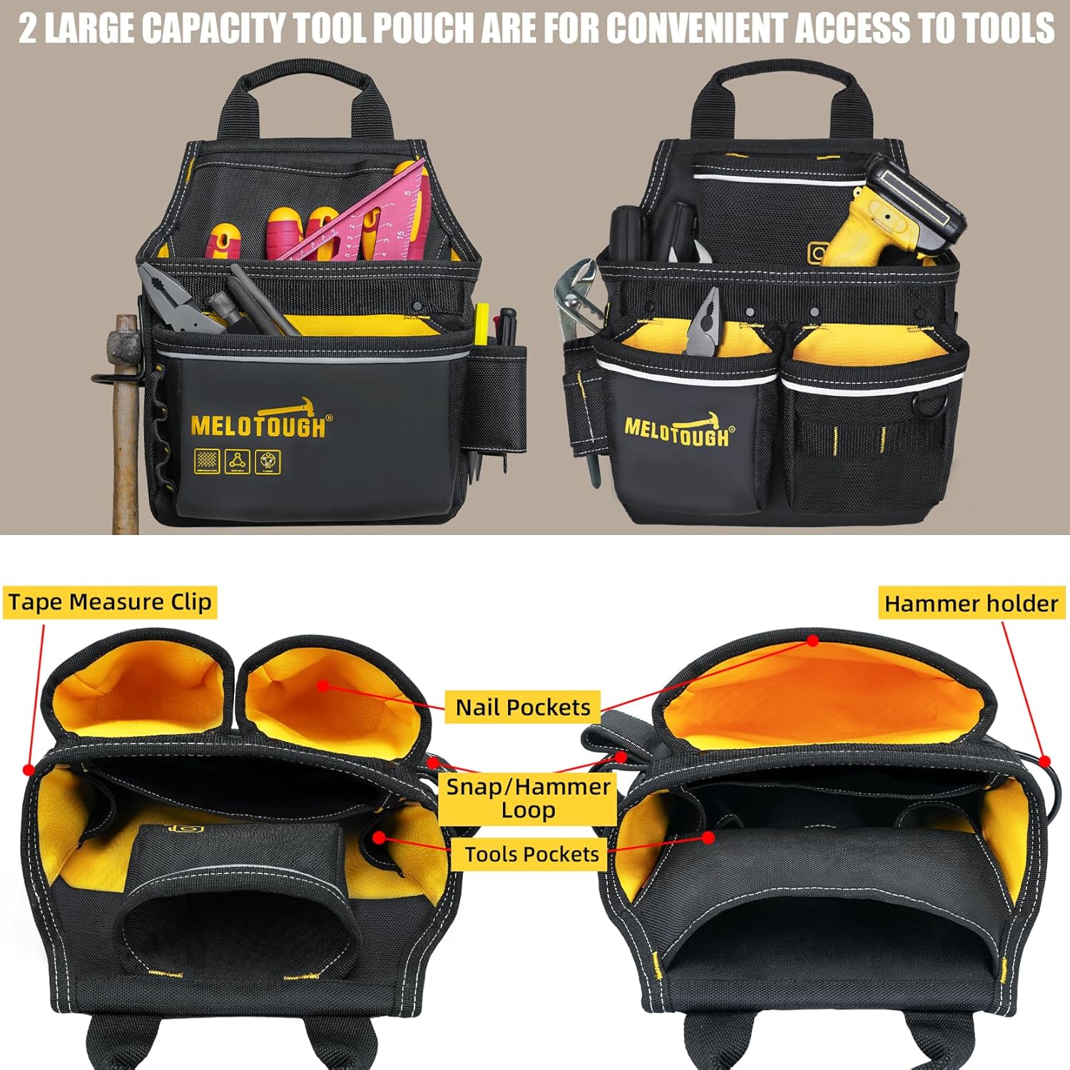 【TC05-Yellow】}MELOTOUGH Carpenters Tool Belt with Suspenders Professional Tool Belt Combo Organizer With Tool Pouch Suspenders with 32 Pockets and Loops fits 33"-47"Waist for Electrican/Contractor/Technican(Yellow)