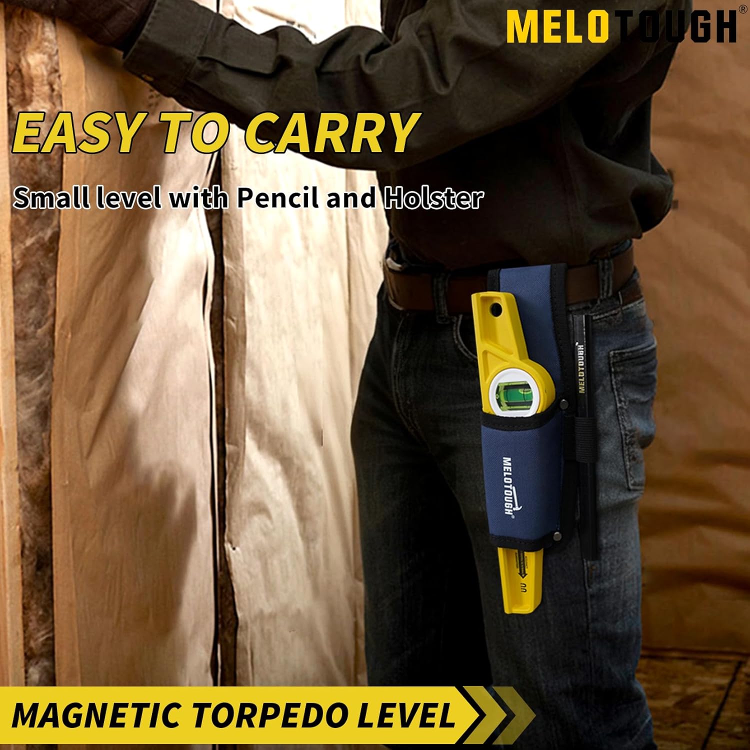 MELOTOUGH 10 Inch Die-Cast Aluminum Magnetic Torpedo Level,Small Magnetic Level for Construction,Carpentry,Scaffolding,Torpedo Level with Rare Earth Magnet,Pencil and Holster,Yellow