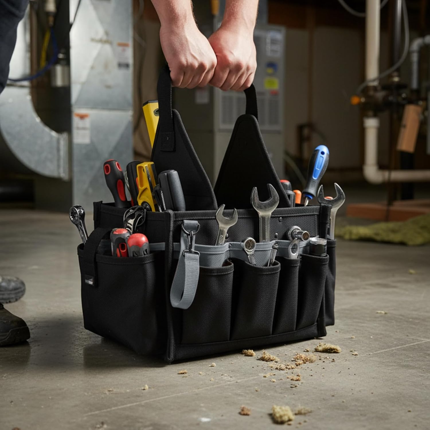 【MVP04-Grey】MELOTOUGH Electrical and Maintenance Tool Carrier 24-Pocket Large Electrician Tool Pouch Bag Open Top Tools Tote Bag with ‌Waterproof Base & Dual Carry Handle‌ for Gardeners/Technician