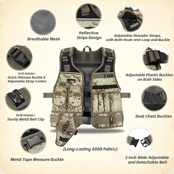 MELOTOUGH Electrician Tool Vest with Drill Holster, Adjustable Utility Tool Vest with 2" Belt for Men Construction, Carpenter