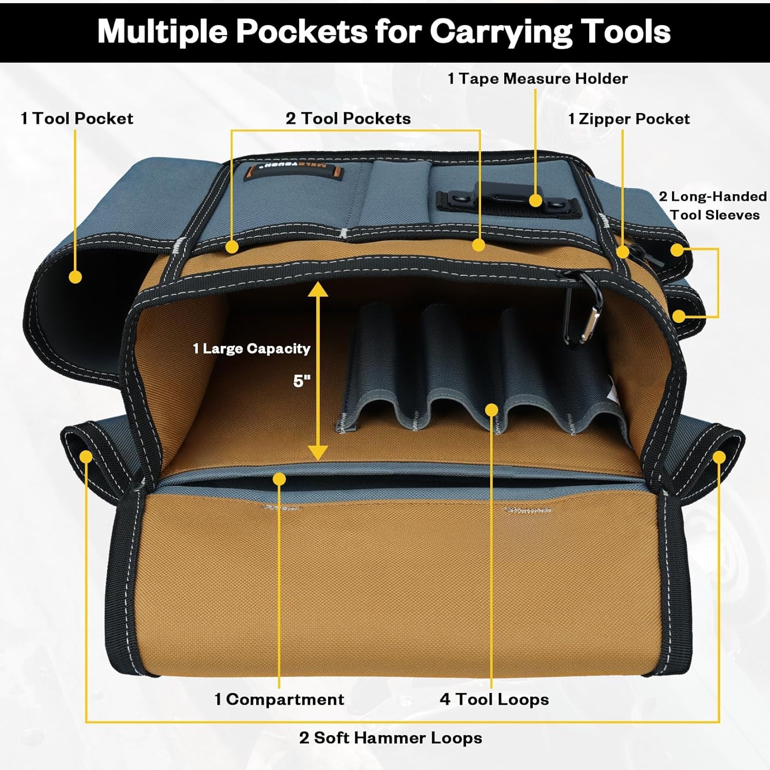 MELOTOUGH Professional Tool Belt Pouch,Small Tool Pouch with Belt,Left/Right Hammer Holder,Design Multi-Functional Pockets for Electrician/Carpenter/Construction, Waist Fits 32-50 Inches,Khaki