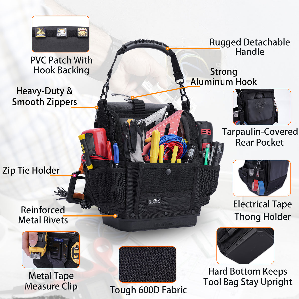 MELOTOUGH Electrician Tool Bag HVAC Tool Bags with Hard Bottom