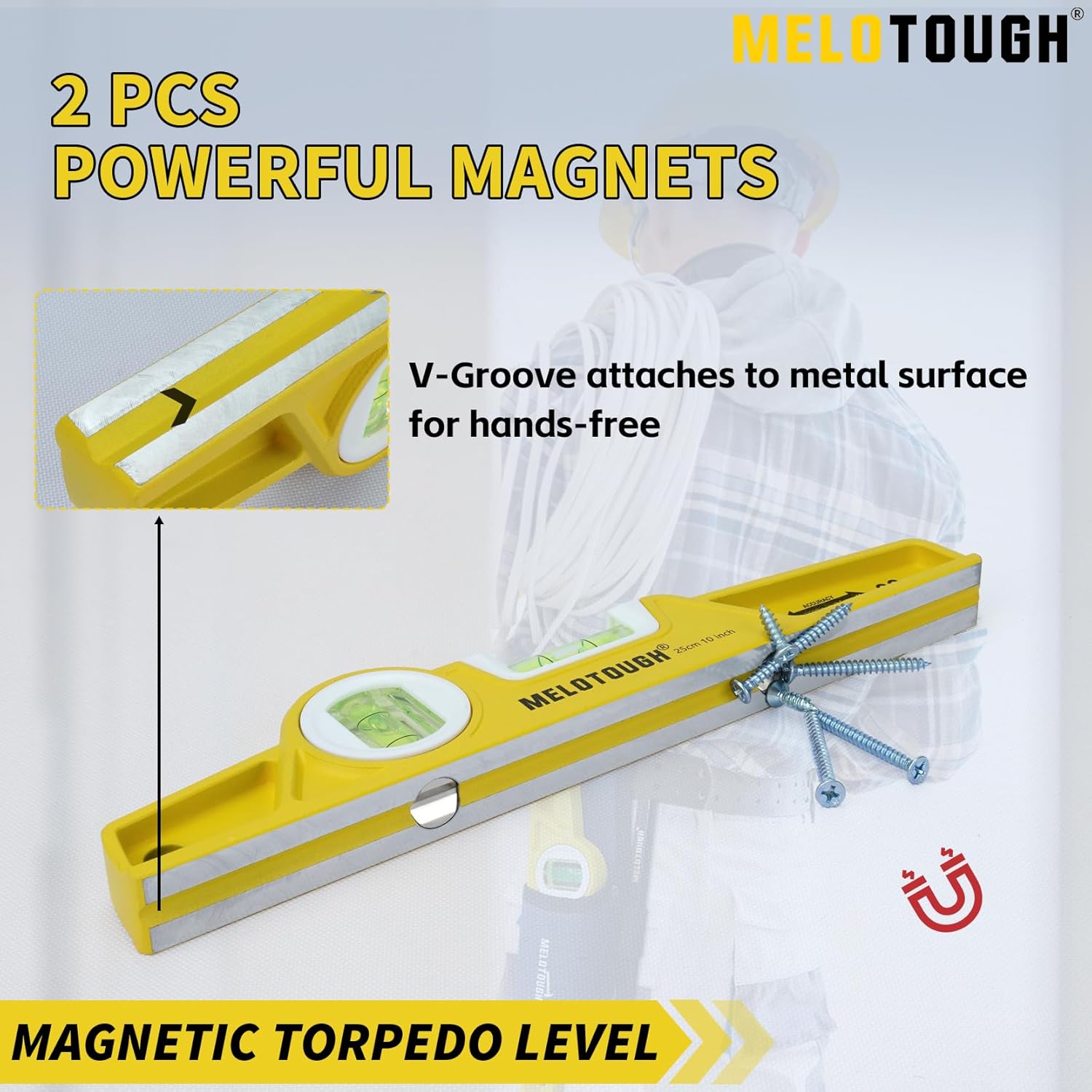 MELOTOUGH 10 Inch Die-Cast Aluminum Magnetic Torpedo Level,Small Magnetic Level for Construction,Carpentry,Scaffolding, Plumbing Torpedo Level with Rare Earth Magnet,Pencil and Holster,Yellow,2PCS