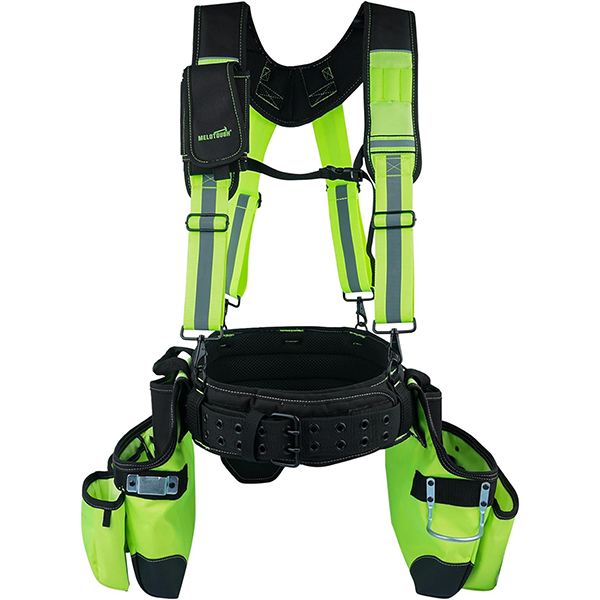 【TC02-Lime】MELOTOUGH Reflective Safety Tool Belt with Suspenders Tool Bag Supenders Framers Comb Apron Construction Tool Pouch Builder Heavy Duty Carpenter Suspension Rig for Electrician, Roofing