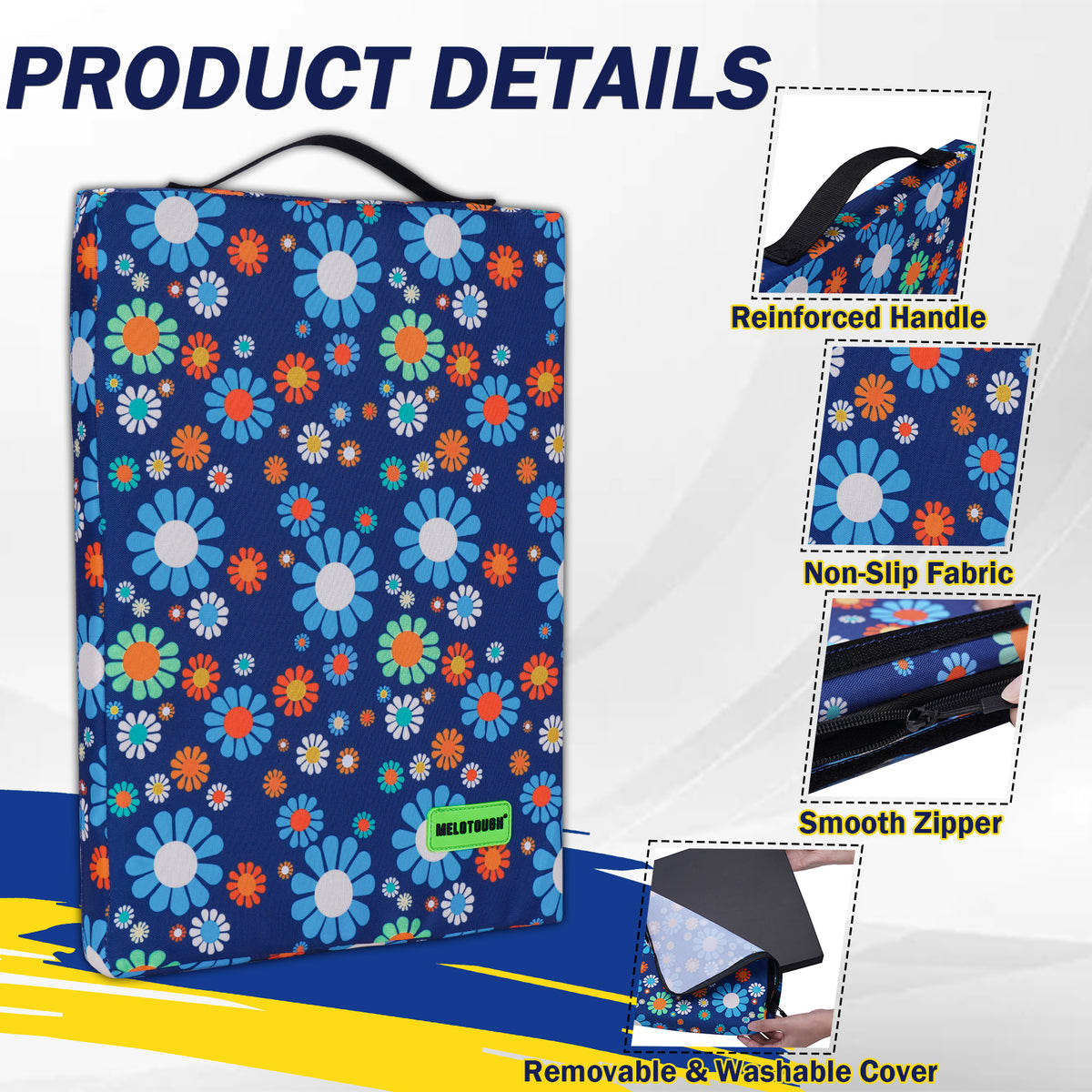 MELOTOUGH 17" Garden Kneeling Pad, Removable Washable Cover with Carry Handle, Thick NBR Foam Knee Cushion