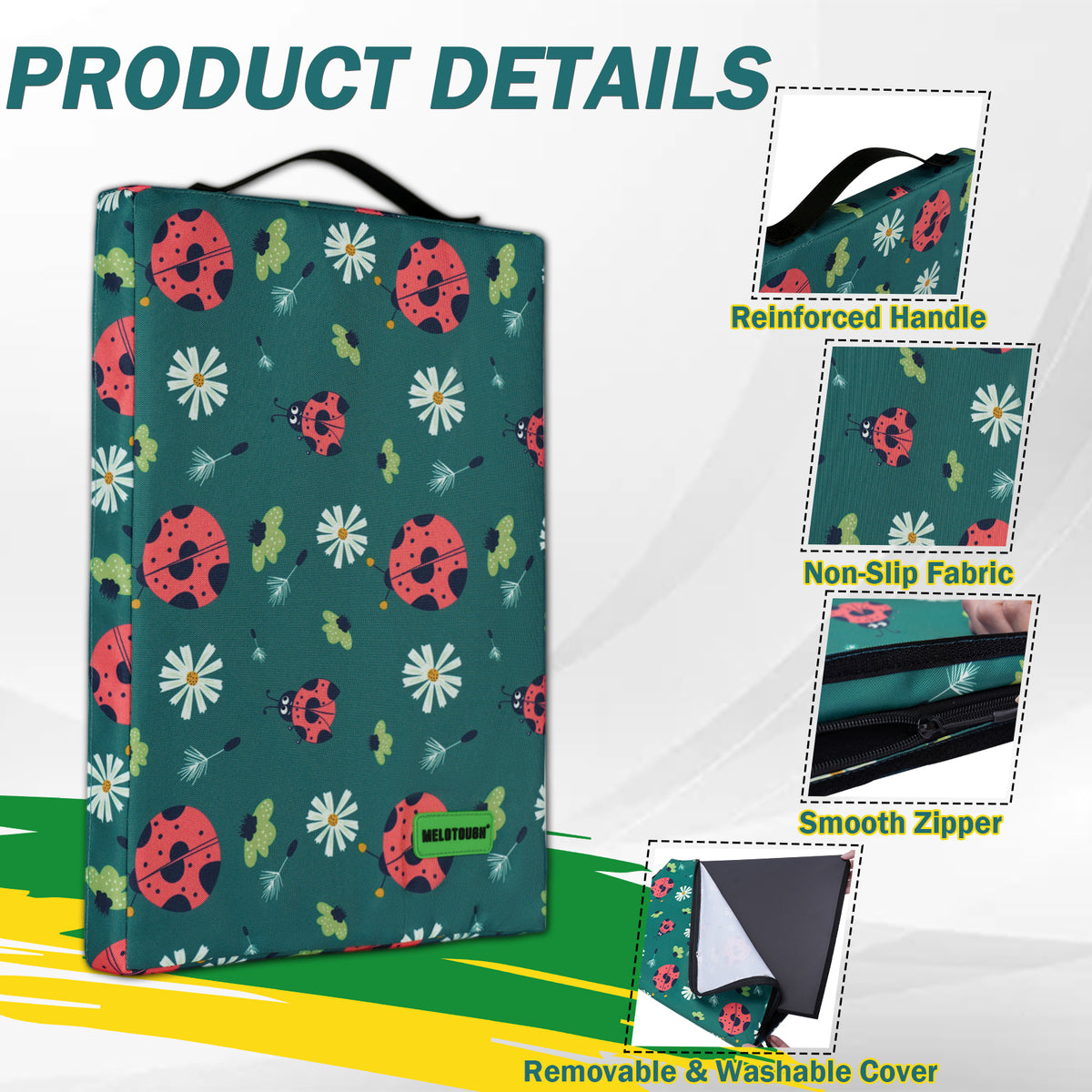 MELOTOUGH 17" Garden Kneeling Pad, Removable Washable Cover with Carry Handle, Thick NBR Foam Knee Cushion