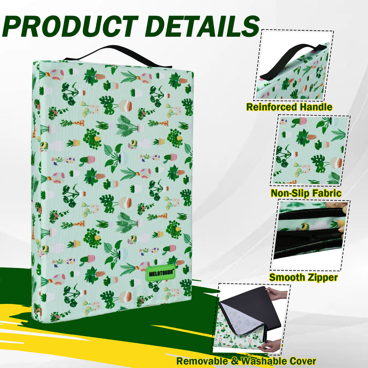 MELOTOUGH 17" Garden Kneeling Pad, Removable Washable Cover with Carry Handle, Thick NBR Foam Knee Cushion