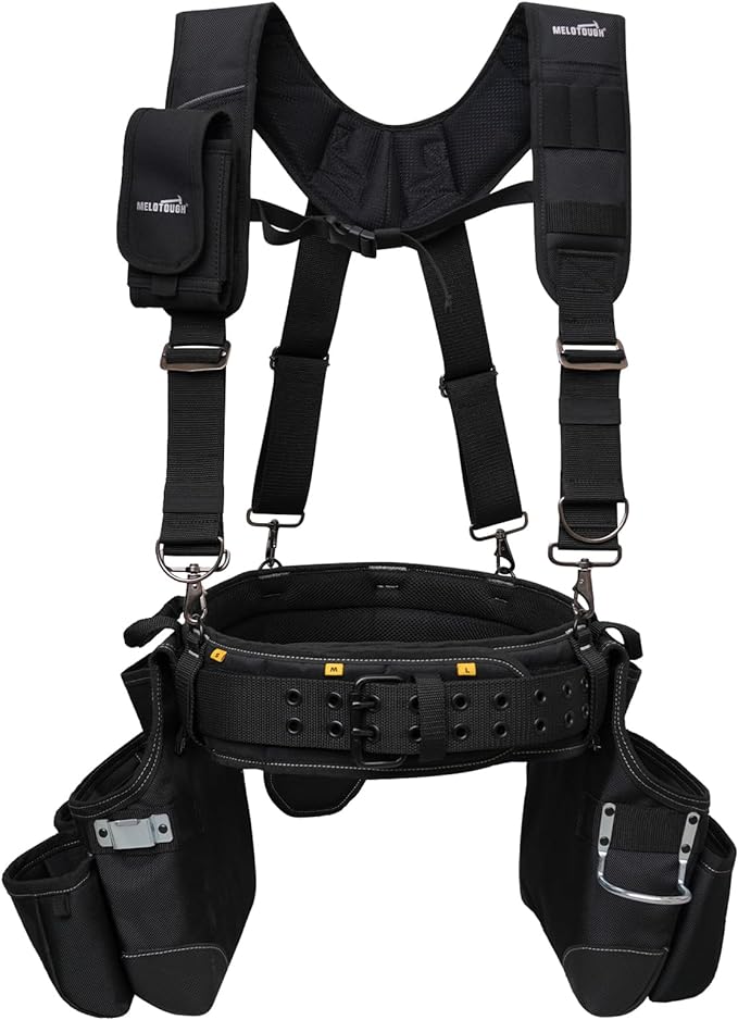 【TC02-Lime】MELOTOUGH Reflective Safety Tool Belt with Suspenders Tool Bag Supenders Framers Comb Apron Construction Tool Pouch Builder Heavy Duty Carpenter Suspension Rig for Electrician, Roofing