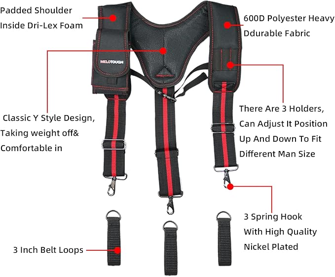 MELOTOUGH Tool Belt Suspenders – Heavy Duty Padded Work Suspenders for Electricians, Construction & Farmers