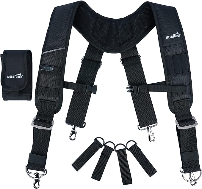 【SW201A-Black 2】MELOTOUGH Tool Belt Suspenders Construction Bag Suspenders Padded Work belt Suspenders for Carpenter/Electrician/Roofing/Farmer work Suspension Rig(H Back)