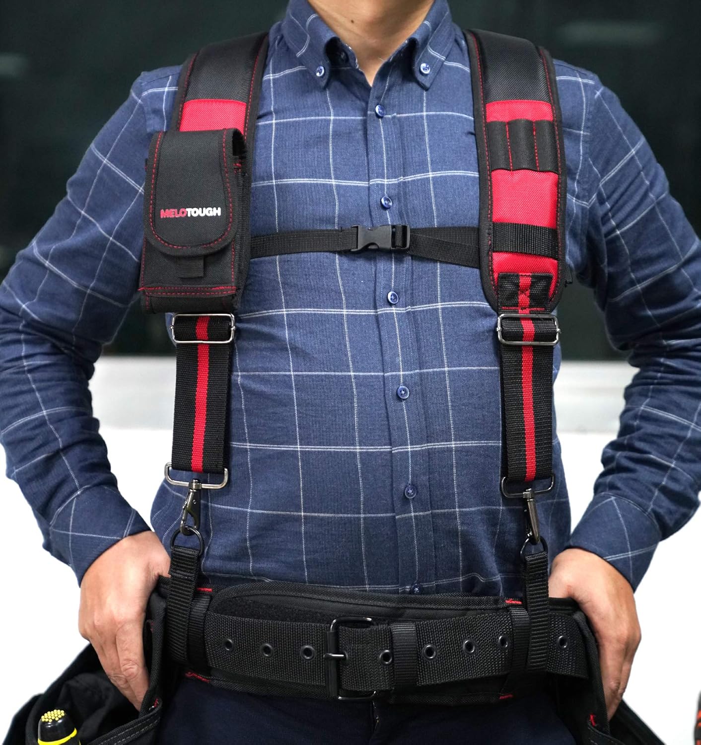 MELOTOUGH Tool Belt Suspenders Construction Work Suspenders with detachable phone holder comfortable foam shoulder padder (Red)