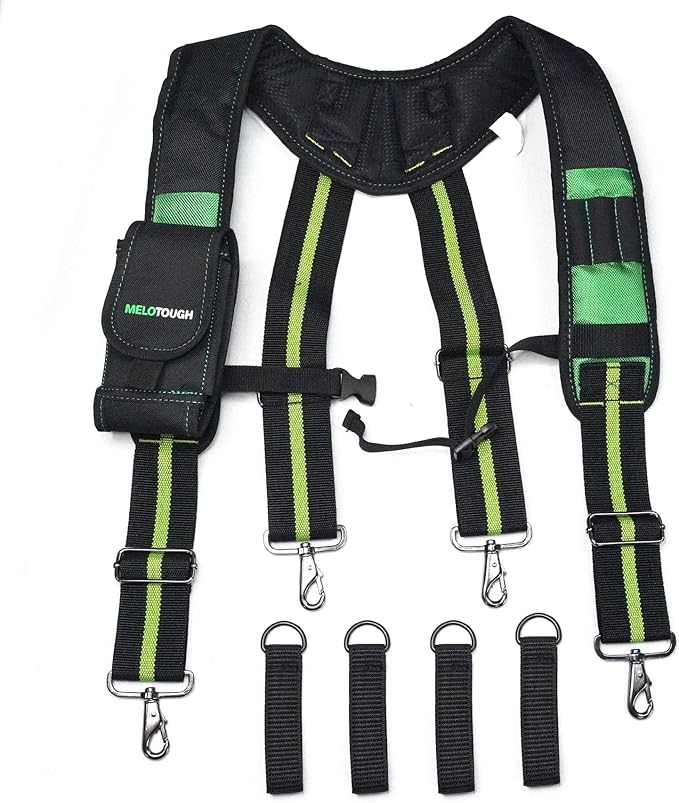 【SW001-Red】MELOTOUGH Tool Belt Suspenders Construction Work Suspenders with detachable phone holder comfortable foam shoulder padder (Red)
