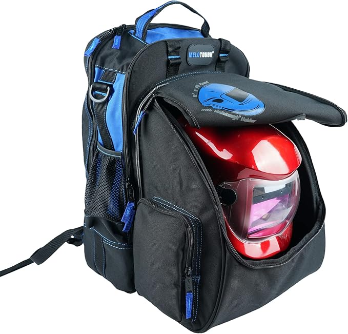 【WT02-BLACK】MELOTOUGH Welding Tool backpack for Tools and Helmet Extreme Gear Pack with Large Capacity Helmet Holder Luggage Storage Bag (Black)