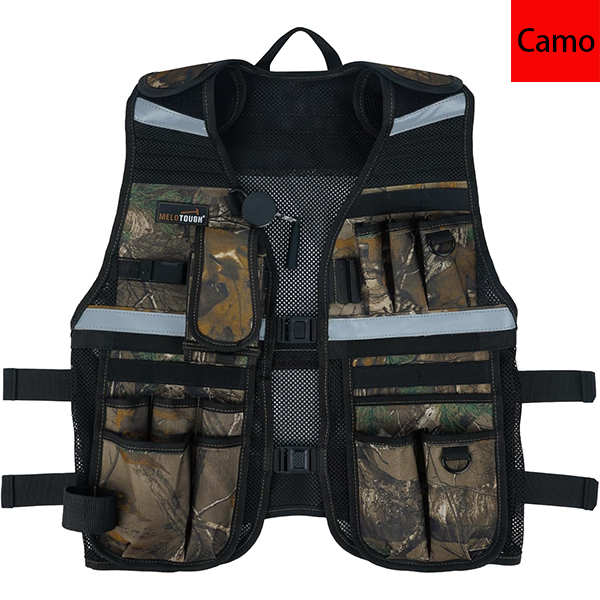 MELOTOUGH Tool Vest for Men Reflective Safety Tool Vest with Adjustable Straps,Removable Phone Holder for Electrical,Carpenters,Construction(Camo)