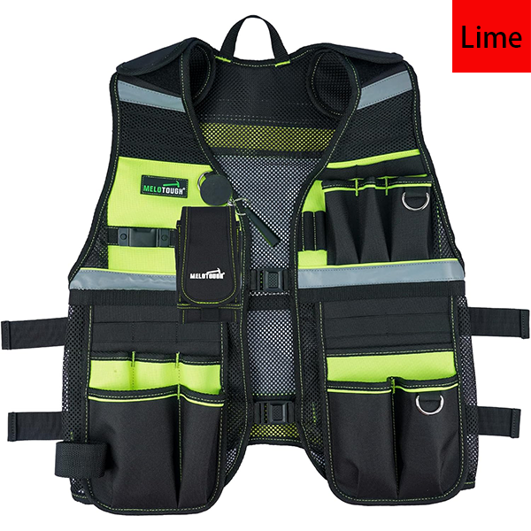 MELOTOUGH Tool Vest Reflective Safety Tool Vest with Removable Phone Holder,Retractable Pen Holder for Electrician,Carpenters,Construction(Lime)