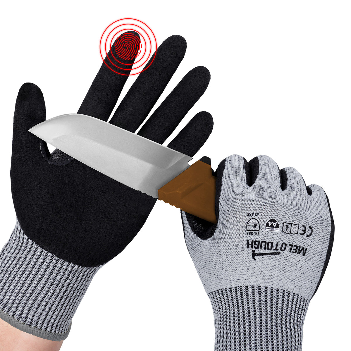 MELOTOUGH ANSI A4 Cut Resistant Work Gloves, Touchscreen Nitrile Sandy Coated Safety Gloves