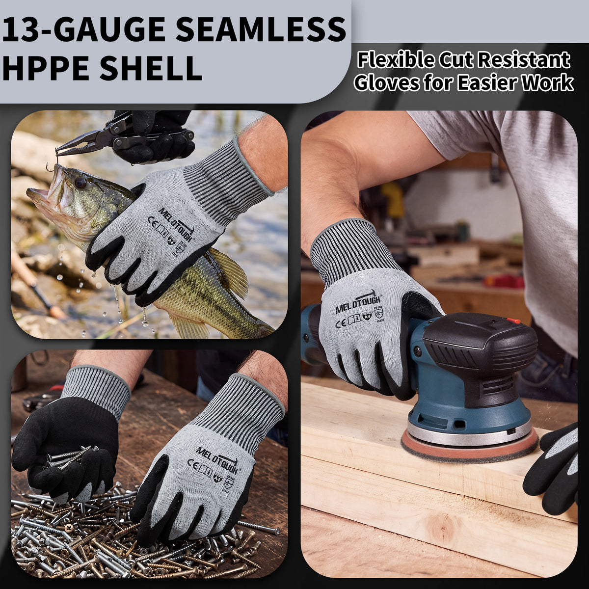 MELOTOUGH ANSI A4 Cut Resistant Work Gloves, Touchscreen Nitrile Sandy Coated Safety Gloves