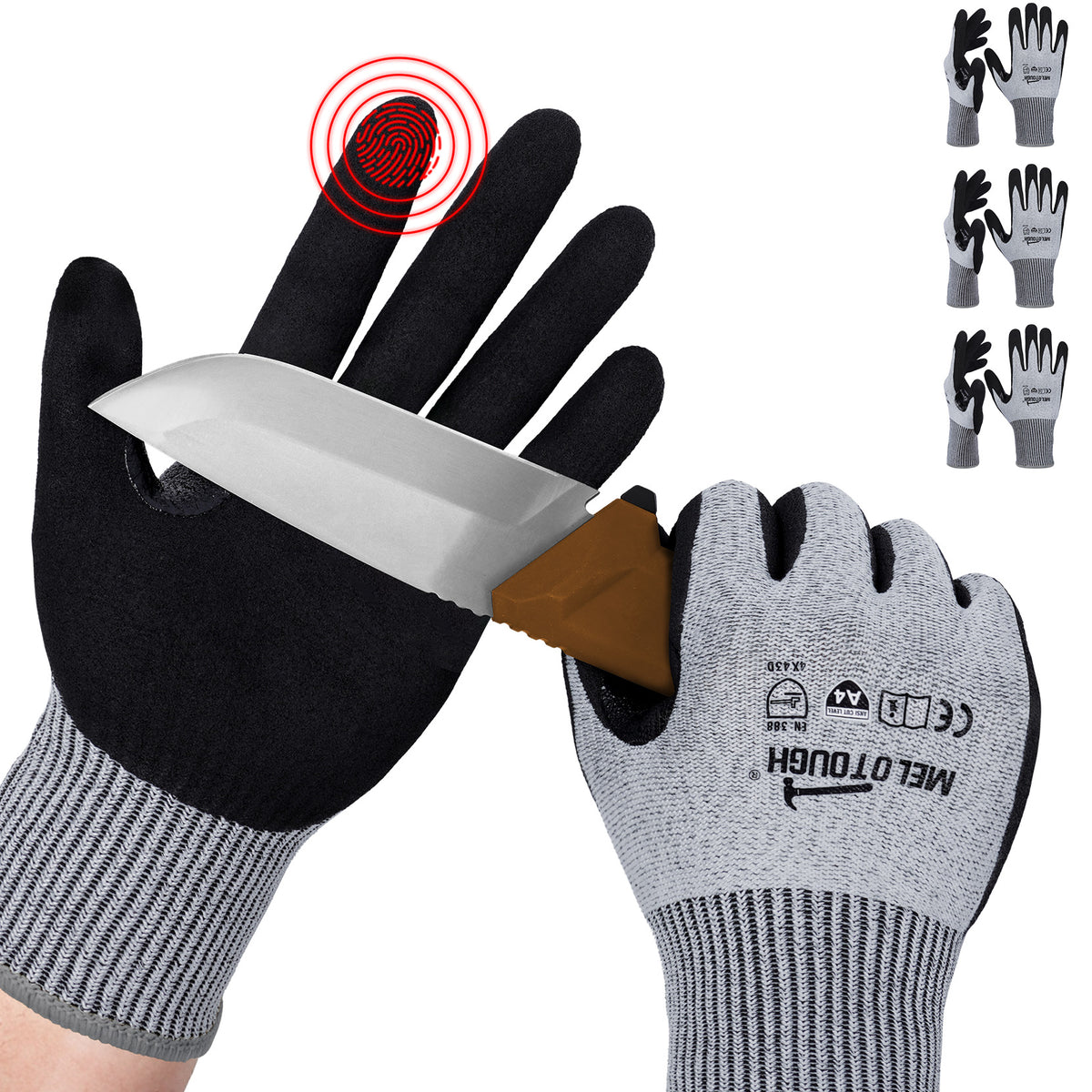 MELOTOUGH ANSI A4 Cut Resistant Work Gloves, Touchscreen Nitrile Sandy Coated Safety Gloves