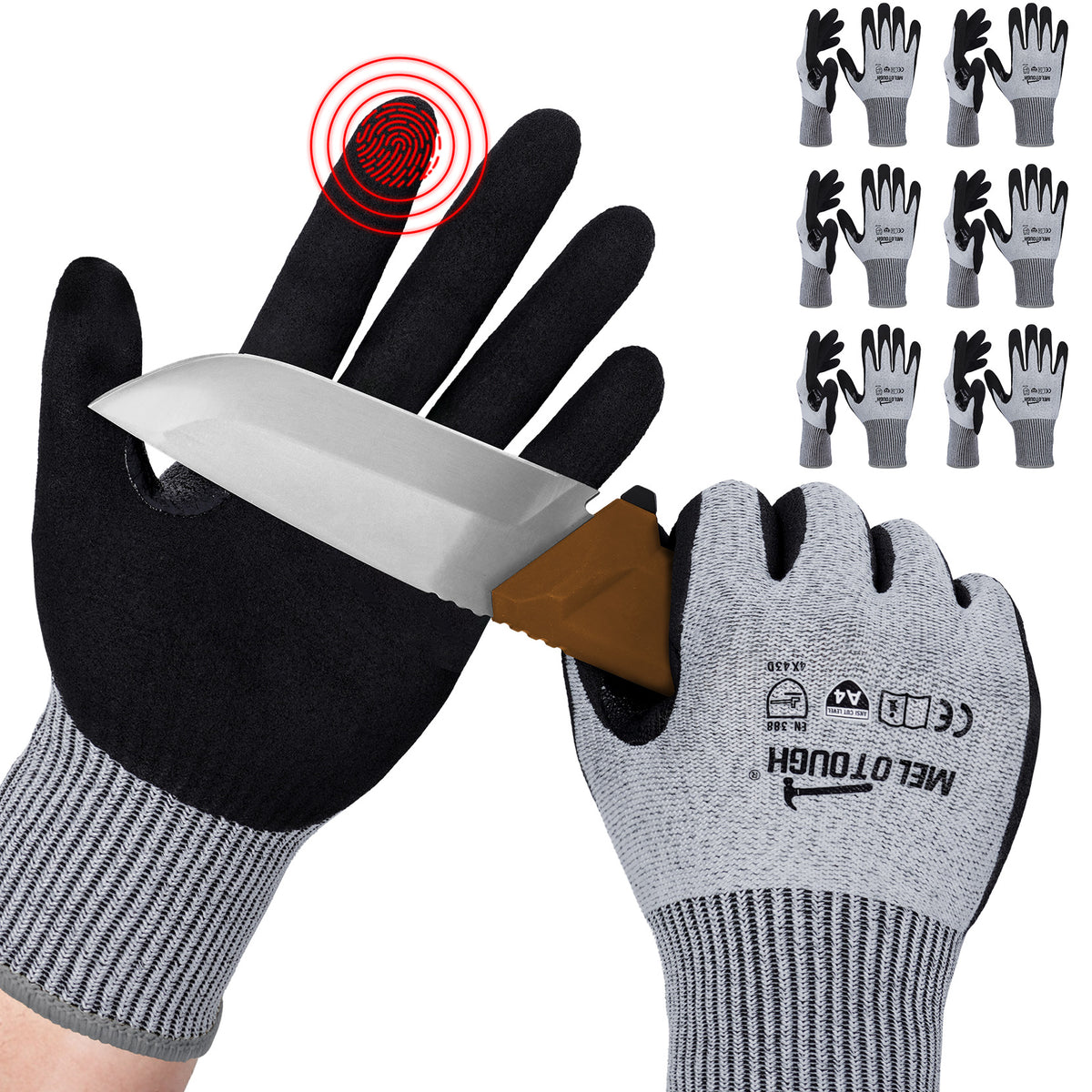 MELOTOUGH ANSI A4 Cut Resistant Work Gloves, Touchscreen Nitrile Sandy Coated Safety Gloves
