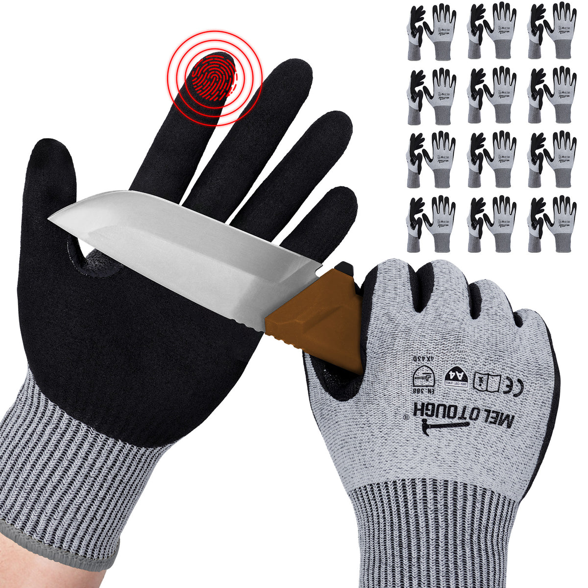 MELOTOUGH ANSI A4 Cut Resistant Work Gloves, Touchscreen Nitrile Sandy Coated Safety Gloves
