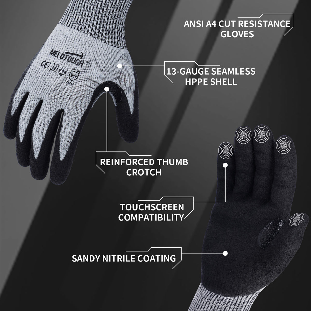 MELOTOUGH ANSI A4 Cut Resistant Work Gloves, Touchscreen Nitrile Sandy Coated Safety Gloves