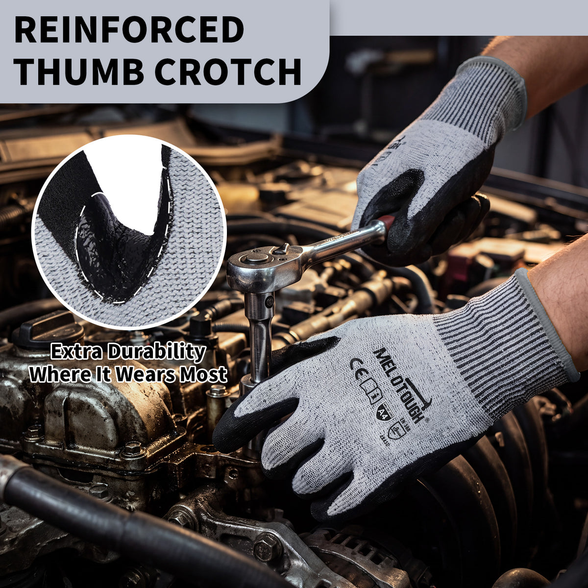 MELOTOUGH ANSI A4 Cut Resistant Work Gloves, Touchscreen Nitrile Sandy Coated Safety Gloves