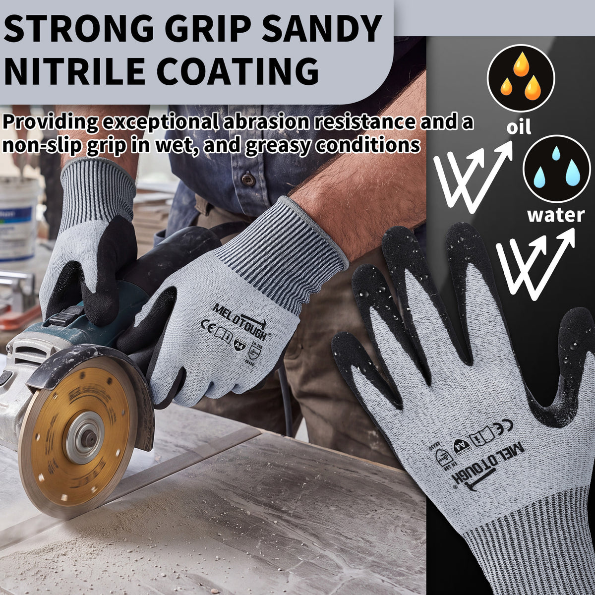 MELOTOUGH ANSI A4 Cut Resistant Work Gloves, Touchscreen Nitrile Sandy Coated Safety Gloves