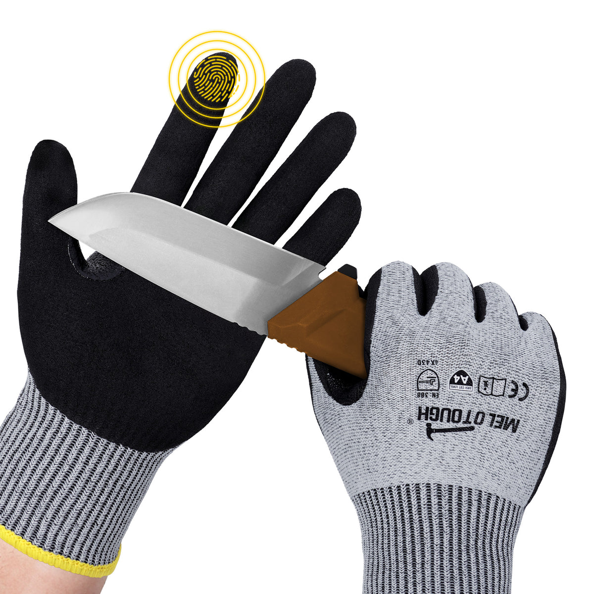 MELOTOUGH ANSI A4 Cut Resistant Work Gloves, Touchscreen Nitrile Sandy Coated Safety Gloves