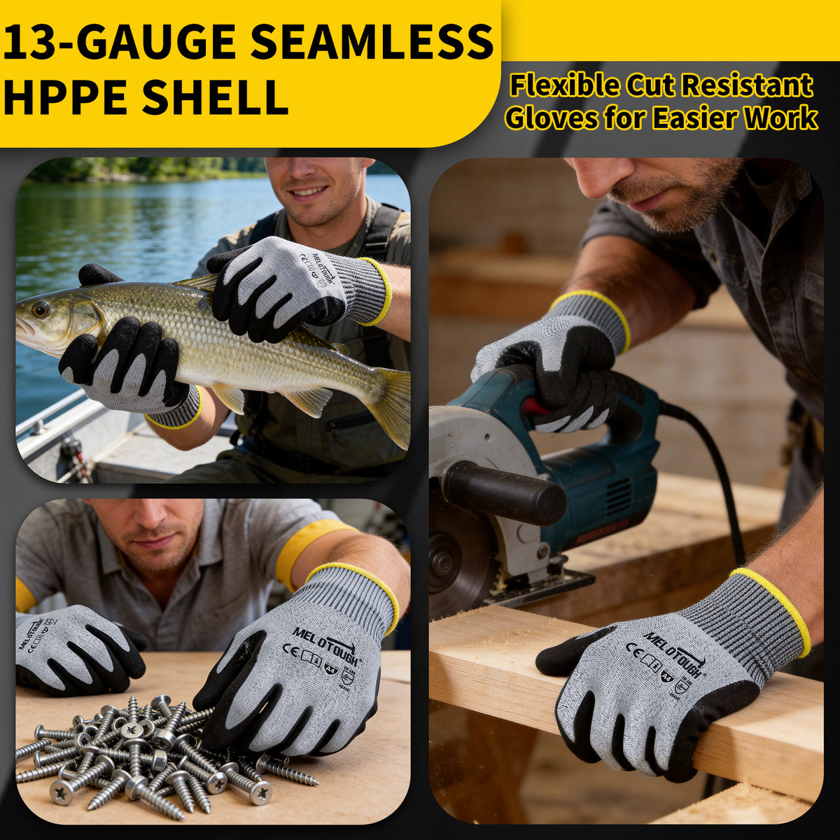MELOTOUGH ANSI A4 Cut Resistant Work Gloves, Touchscreen Nitrile Sandy Coated Safety Gloves