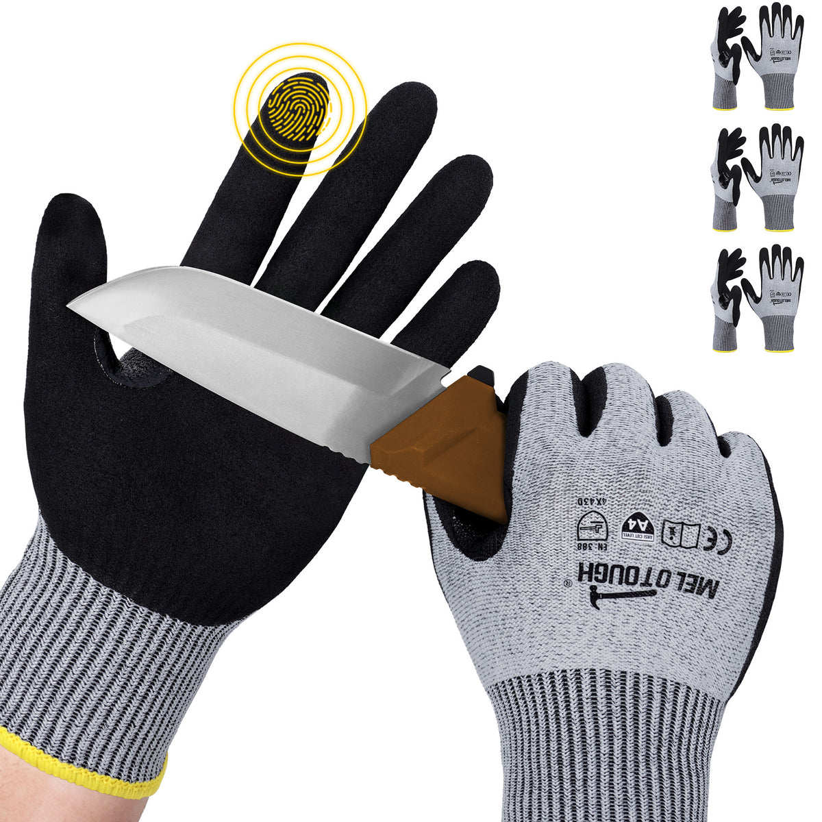 MELOTOUGH ANSI A4 Cut Resistant Work Gloves, Touchscreen Nitrile Sandy Coated Safety Gloves