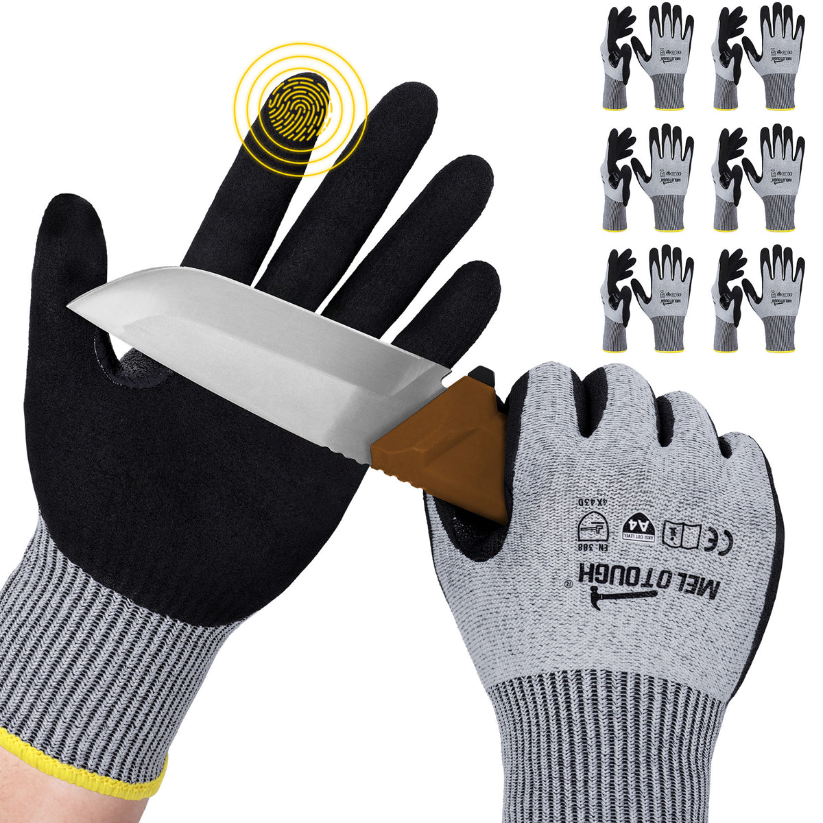 MELOTOUGH ANSI A4 Cut Resistant Work Gloves, Touchscreen Nitrile Sandy Coated Safety Gloves