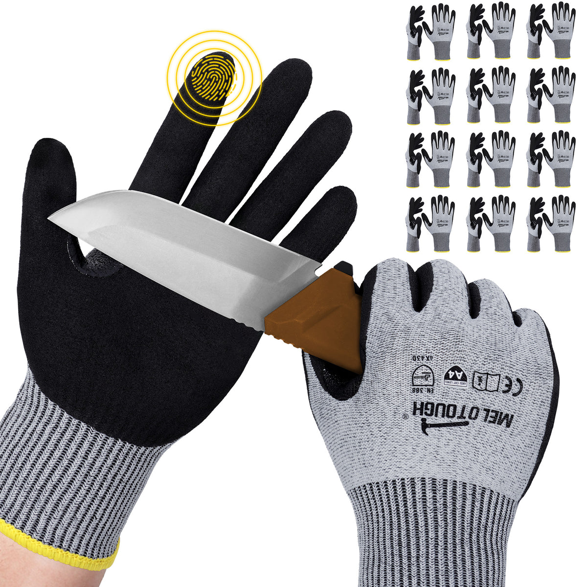 MELOTOUGH ANSI A4 Cut Resistant Work Gloves, Touchscreen Nitrile Sandy Coated Safety Gloves
